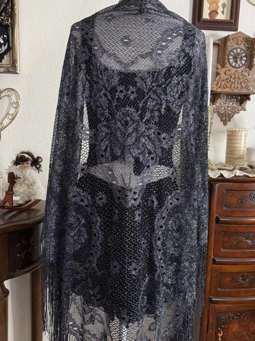 Vintage witchy whimsigoth boho silver sheer floral fringe shawl